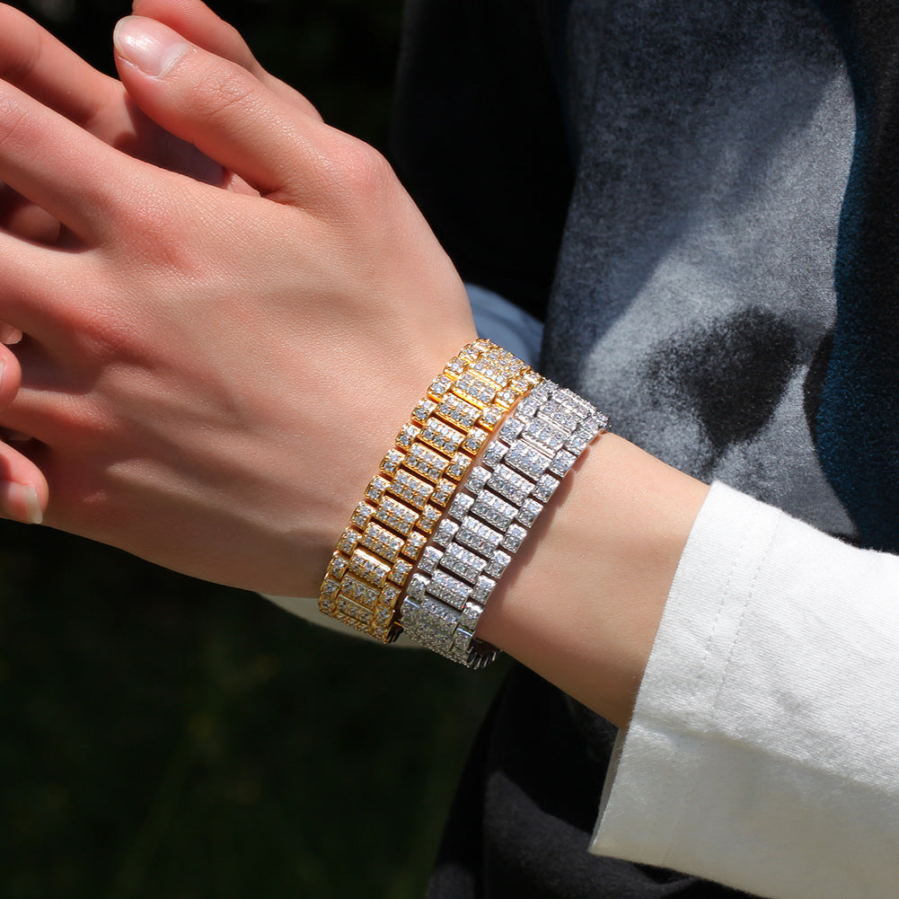 Unisex Iced Out Cubic Zirconia Link Bracelet in Gold Tone or Silver Tone – Hip Hop Statement Chain Bracelet