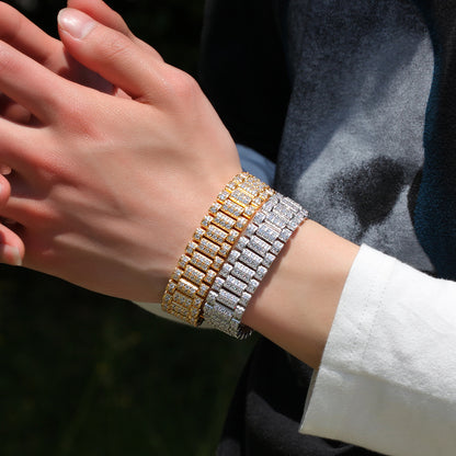 Unisex Iced Out Cubic Zirconia Link Bracelet in Gold Tone or Silver Tone – Hip Hop Statement Chain Bracelet