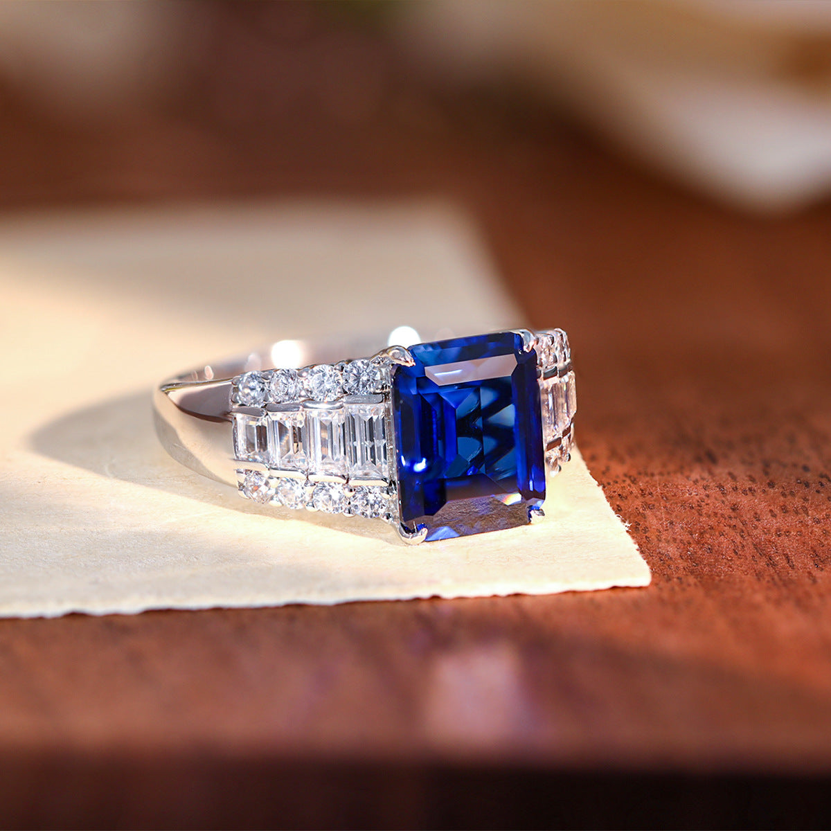 Lab-Grown Sapphire Ring for Women, Emerald Cut 4 Carat S925 Silver product image