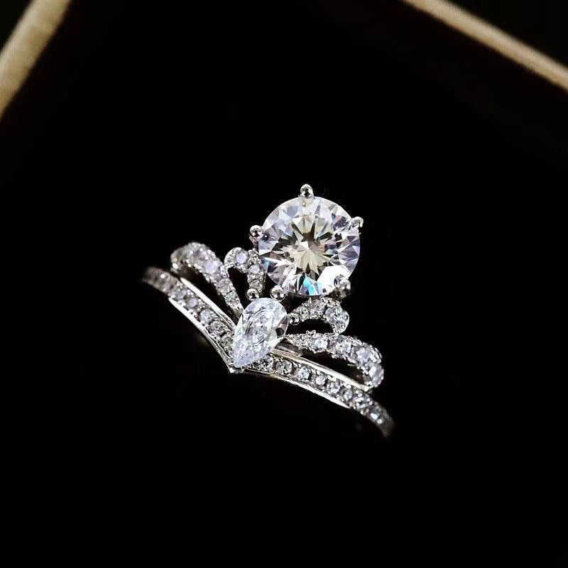 Crown Moissanite Ring for Women, Floral Halo Engagement Ring, 1 Carat Promise Wedding Ring product image