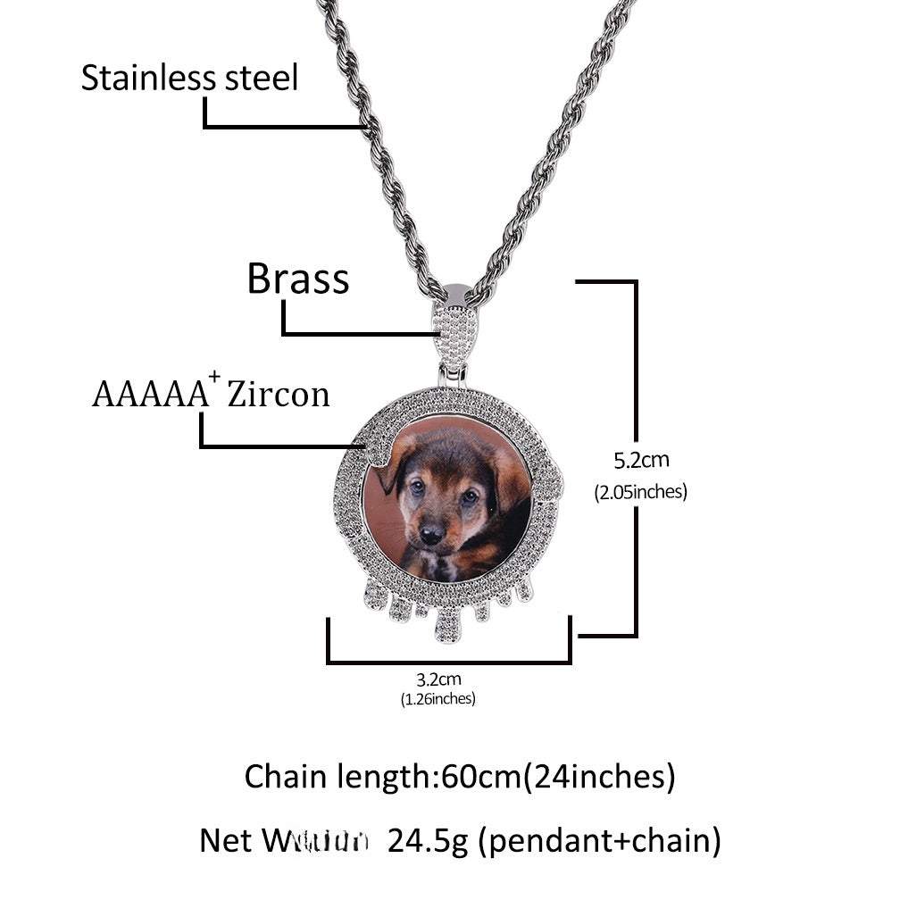 Iced Round Photo Pendant Necklace with 24 Inch Twist Chain, Gold or Silver Plated Hip Hop Statement Chain