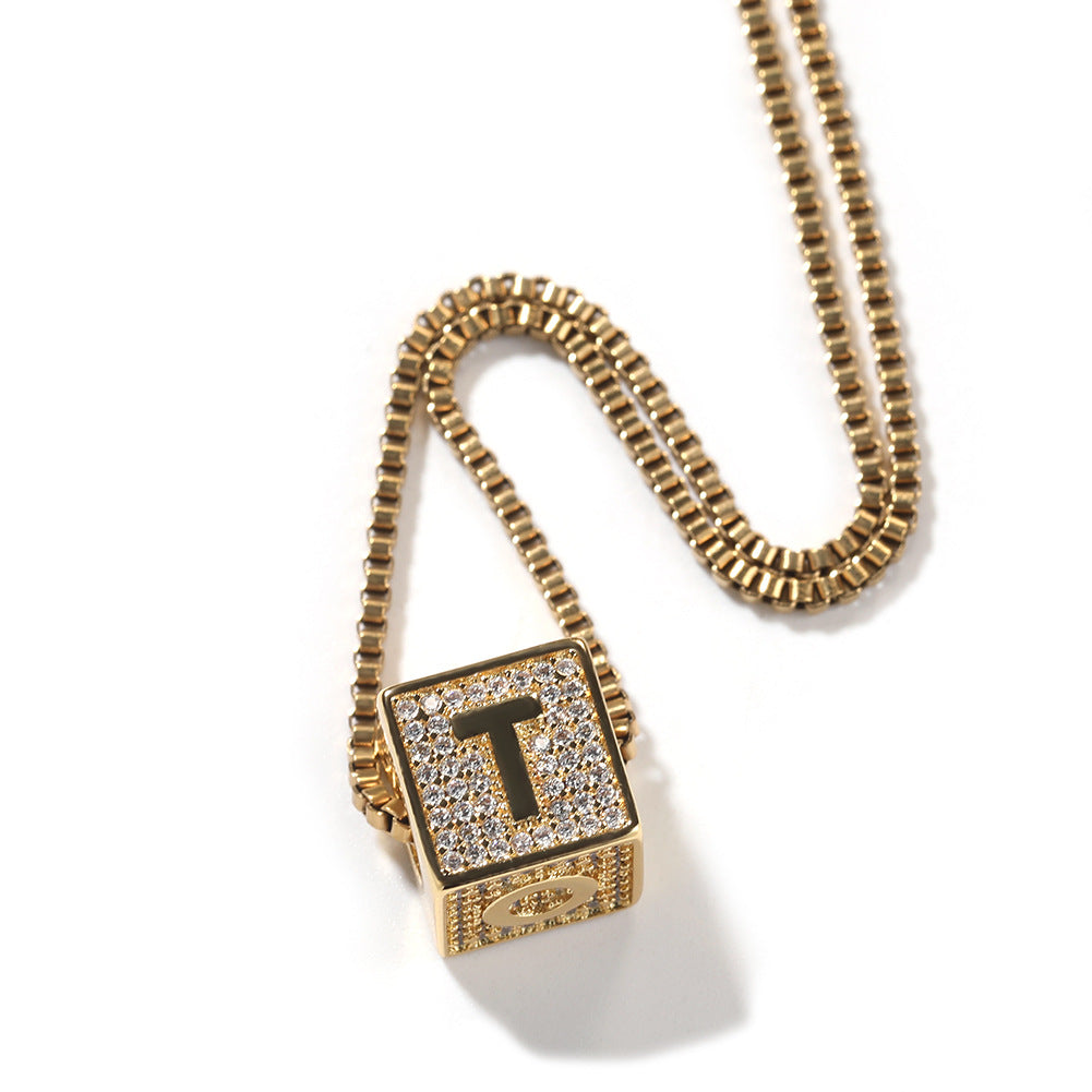 Iced Letter Cube Pendant Necklace for Men - Gold or Silver Tone Hip Hop Chain Necklace with Cubic Zirconia