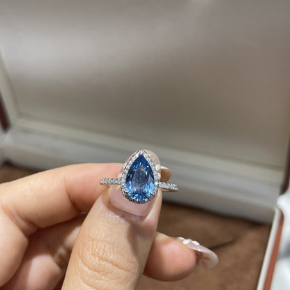 Blue Pear Halo Ring for Women, Moissanite Ring, S925 Teardrop Engagement Style