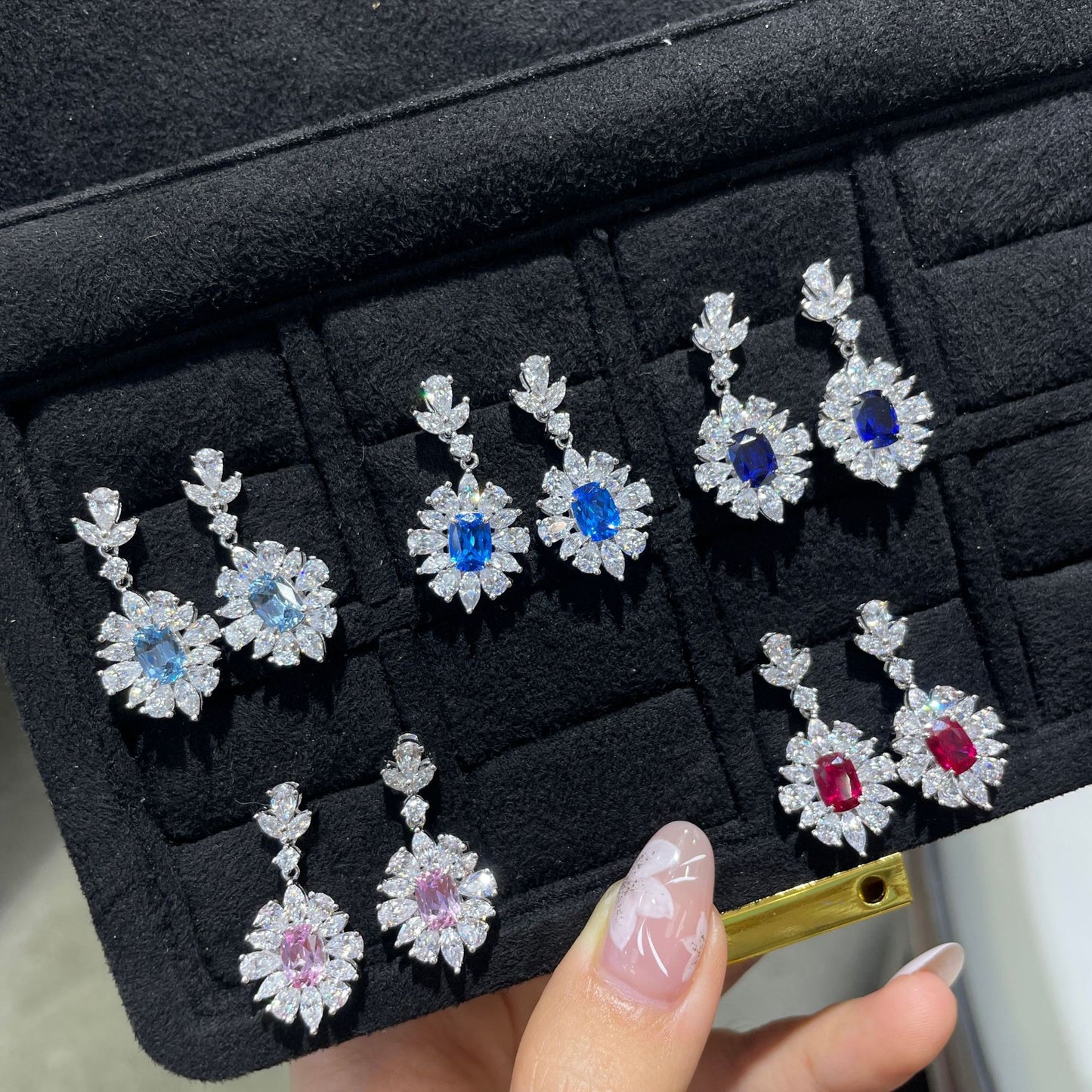 18K Gold-Plated Floral Drop Earrings with Colored Crystal Center product image