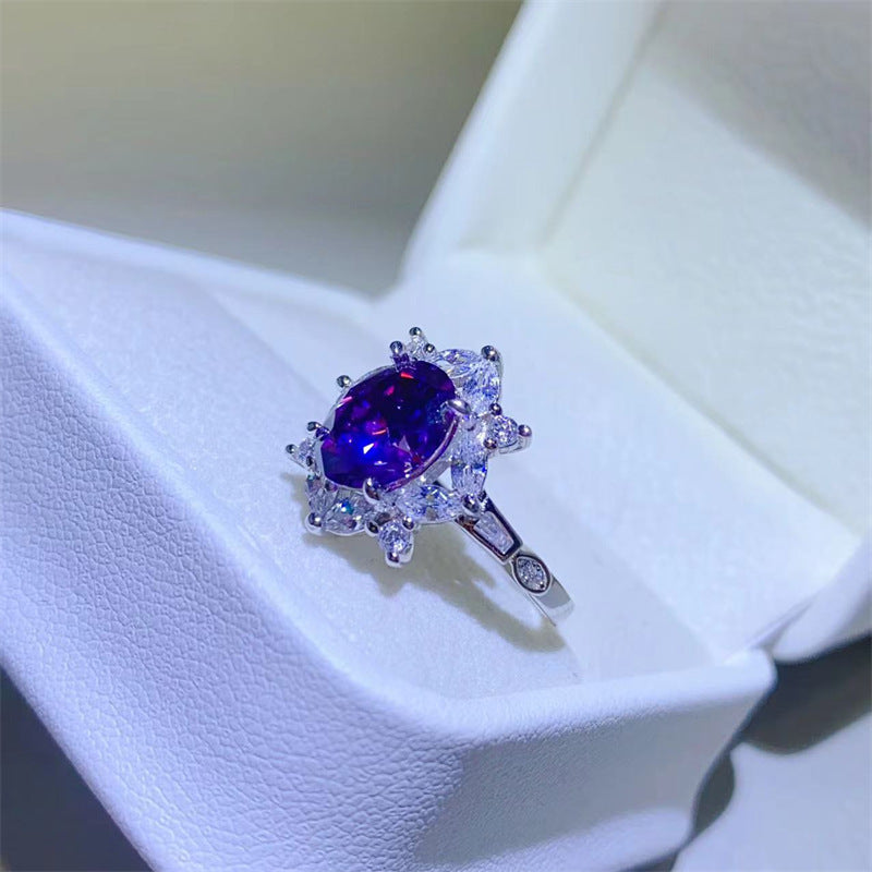 Purple Oval Moissanite Ring for Women, 2 Carat Halo Engagement Ring, U-Shaped Statement Ring product image