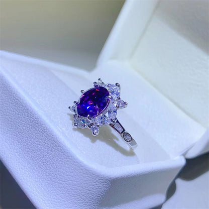 Purple Oval Moissanite Ring for Women, 2 Carat Halo Engagement Ring, U-Shaped Statement Ring