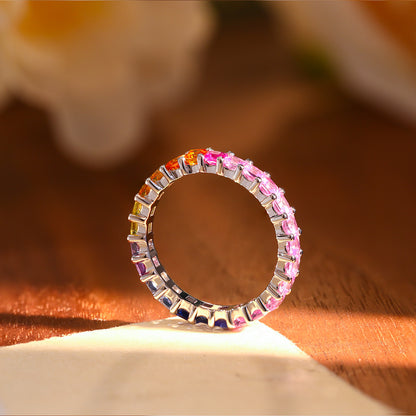 Rainbow Eternity Ring, Princess Cut Full Circle Band, 925 Sterling Silver 18K Gold Plated
