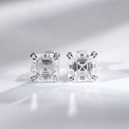 2 Carat Asscher Cut Moissanite Stud Earrings, 925 Silver, D Color, Unisex Square Sparkle