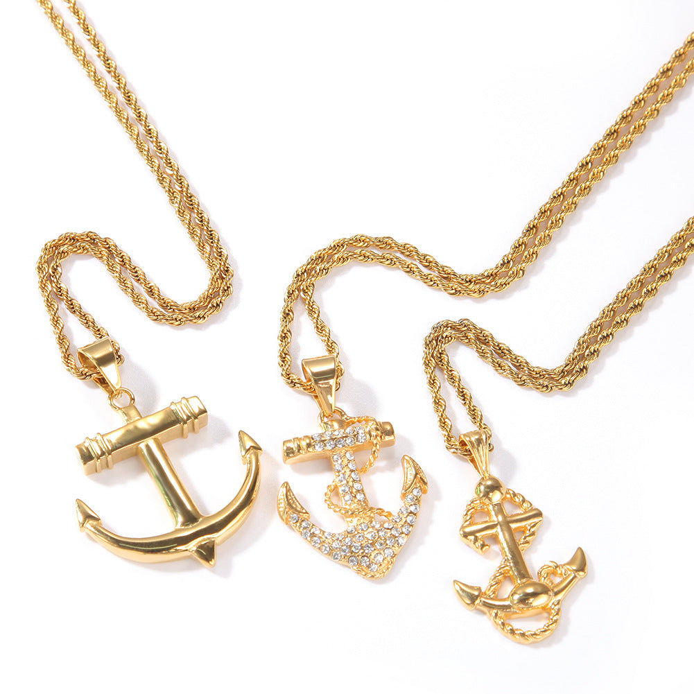 Unisex Stainless Steel Anchor Pendant Necklace with Cuban Chain, Gold Plated Hip Hop Statement Chain product image