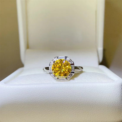 Yellow Moissanite Halo Ring for Women, Round Cut Geometric Engagement Ring, 1 Carat or 2 Carat