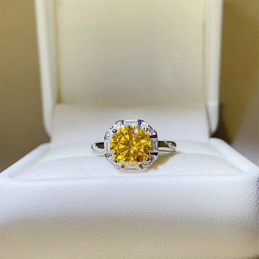 Yellow Moissanite Halo Ring for Women, Round Cut Geometric Engagement Ring, 1 Carat or 2 Carat