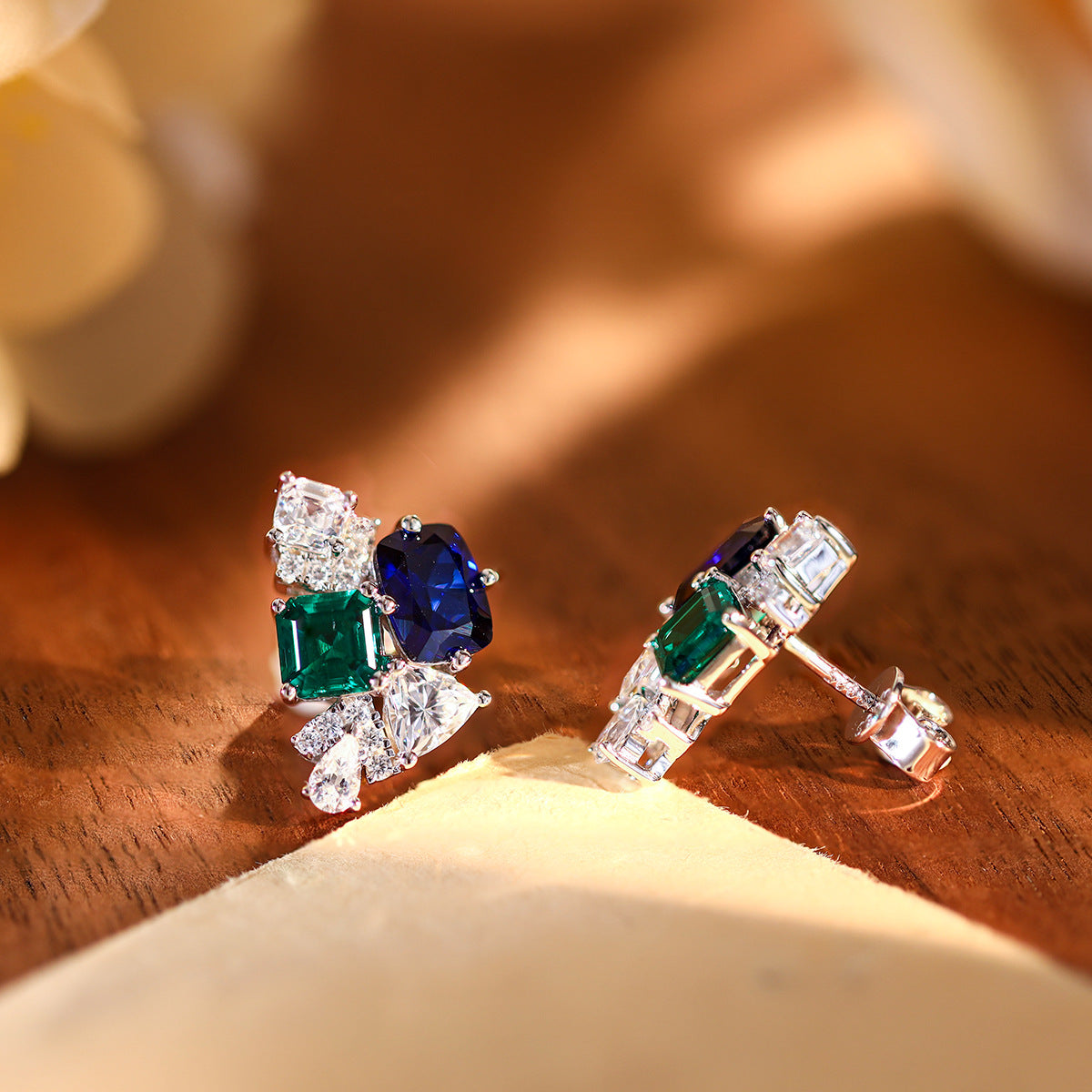 Green and Royal Blue Stone Stud Earrings for Women, S925 Silver, 18K Gold Plated product image