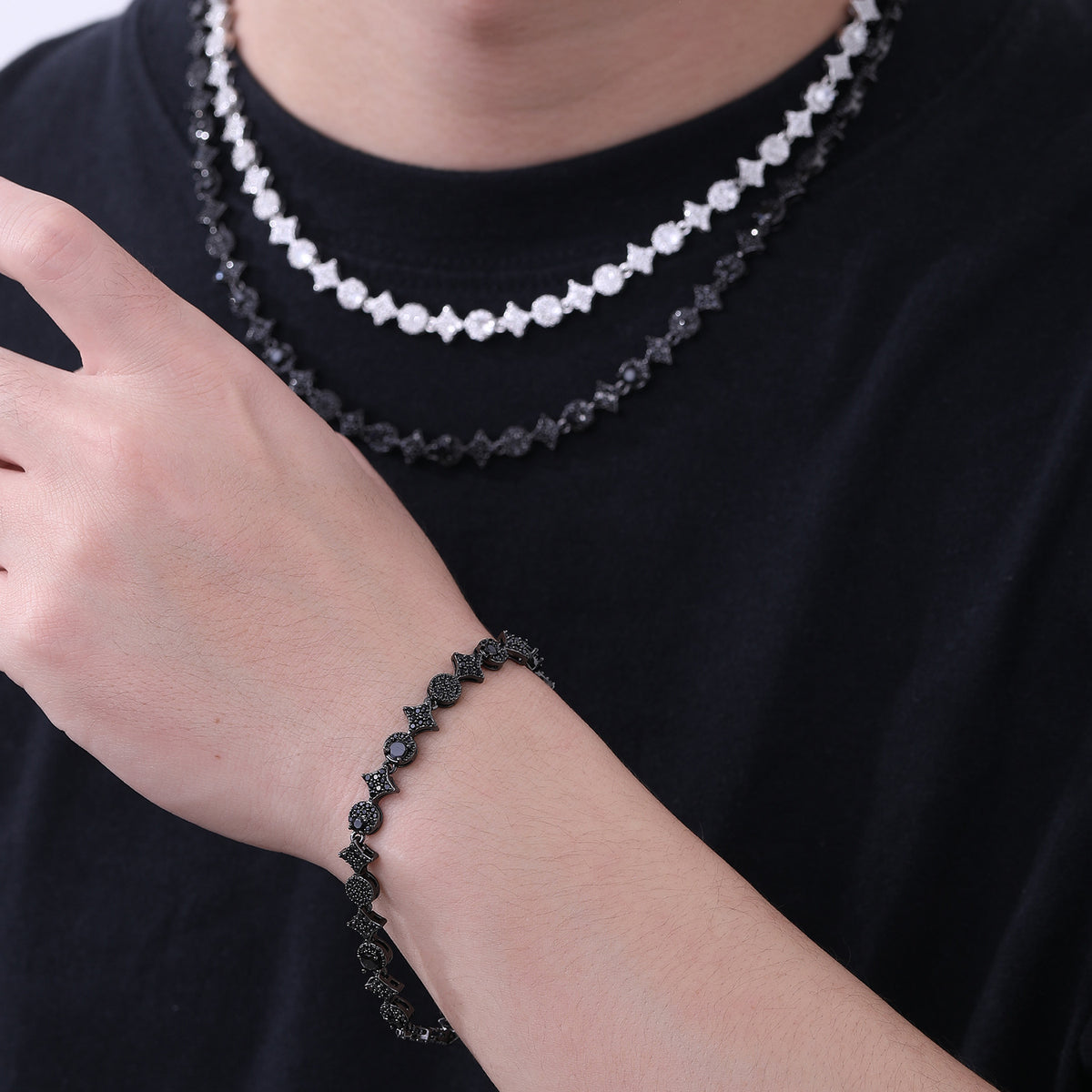Iced Out Four-Point Star Tennis Chain Necklace and Bracelet, 9MM CZ Geometric Jewelry product image
