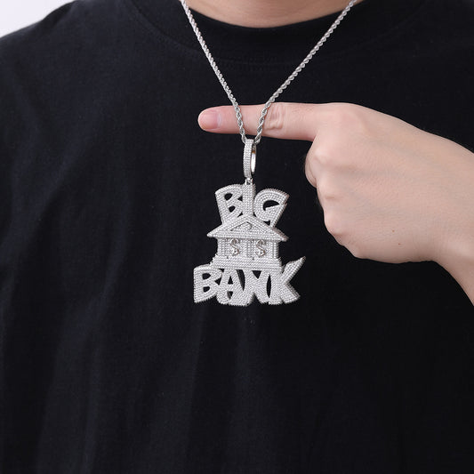 Big Bank Hip Hop Pendant Necklace, Iced Out Letter Pendant Rope Chain for Men and Women, Copper Statement Chain