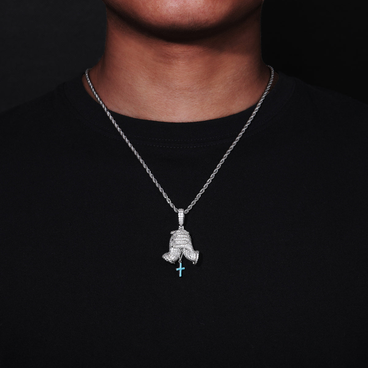 Iced Out Praying Hands Cross Pendant Necklace in White Tone with Cubic Zirconia product image