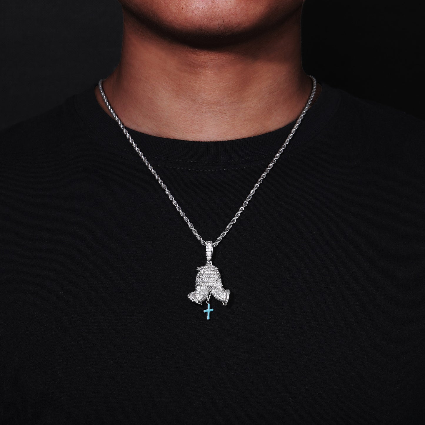 Iced Out Praying Hands Cross Pendant Necklace in White Tone with Cubic Zirconia product image
