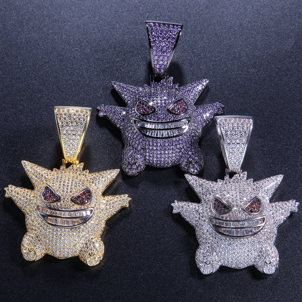 Iced Out Cartoon Monster Pendant Necklace with Cubic Zirconia Hip Hop Chain