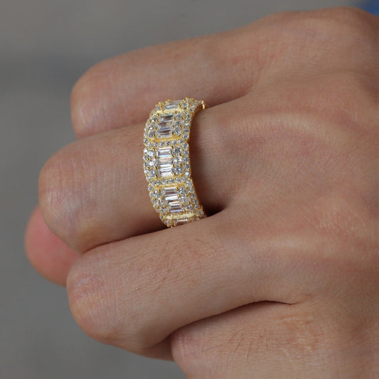 Unisex Iced Out Circular Band Ring with Cubic Zirconia in Gold or Silver Plated, 8mm/10mm Statement Ring