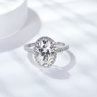 Oval Halo Moissanite Ring, 925 Silver, 18K Gold, Pavé Engagement Ring