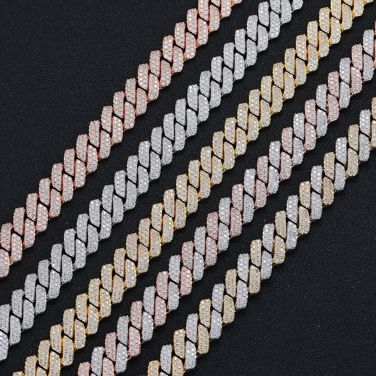 Iced Out Cuban Link Chain Necklace Bracelet in Rose Gold Tone, 14mm Hip Hop Statement Jewelry product image