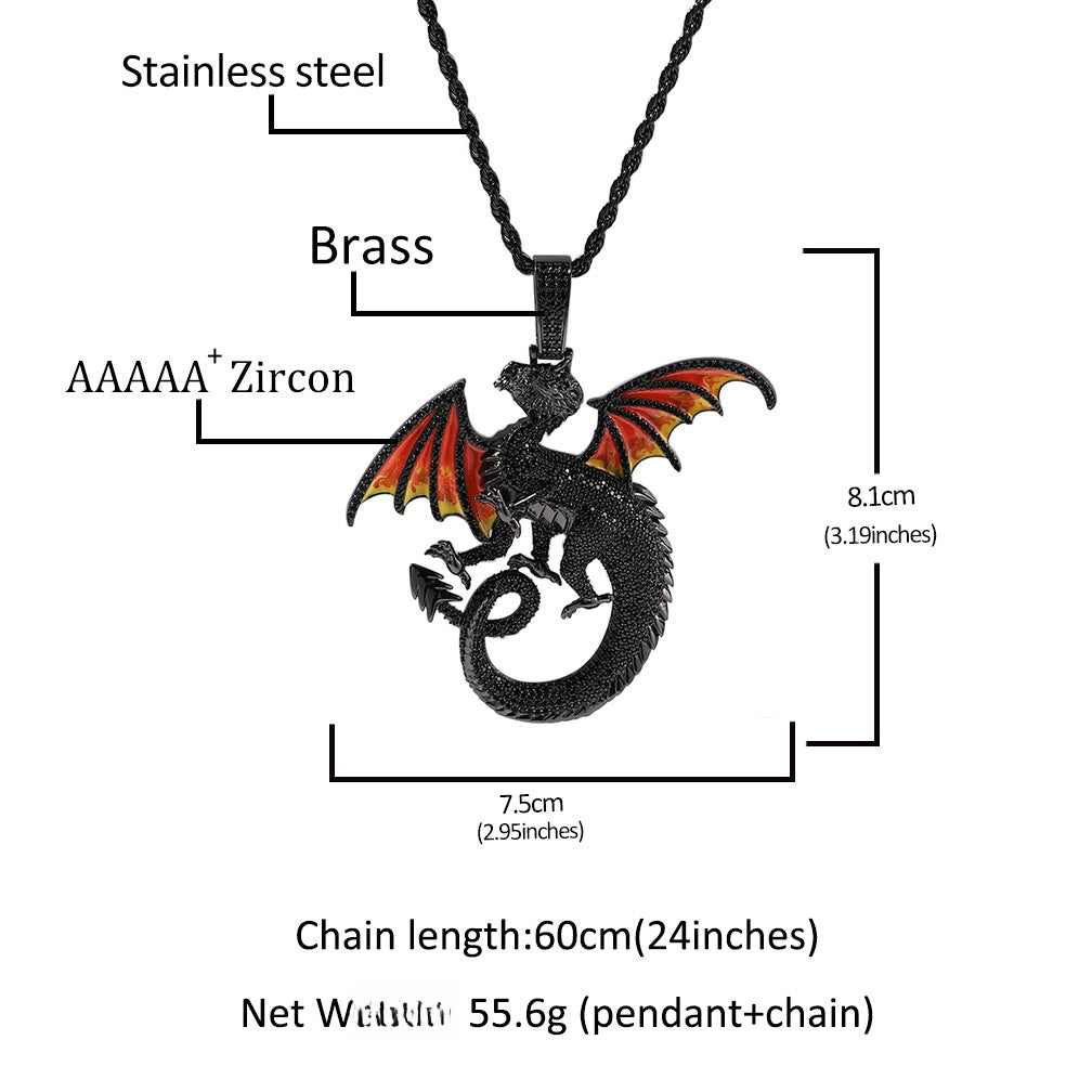 Black Dragon Pendant Necklace with Cubic Zirconia on Twisted Chain - Statement Fantasy Jewelry for Women