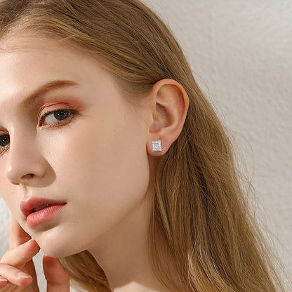 Geometric Square Pavé Stud Earrings, Hip Hop Style Unisex Sparkle Earrings
