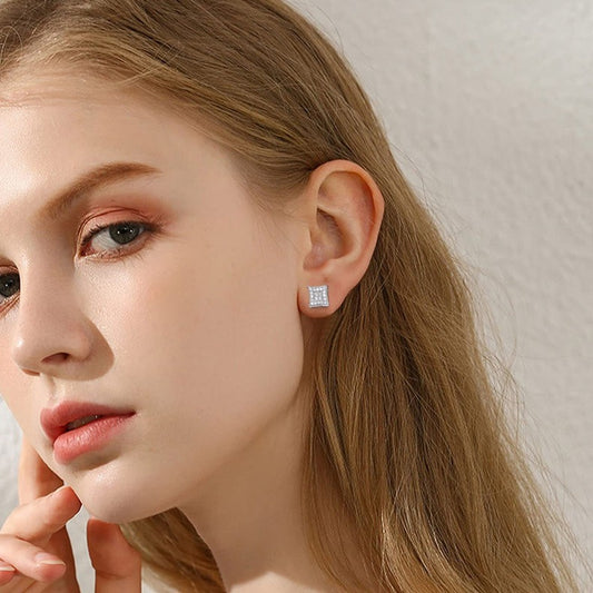 Geometric Square Pavé Stud Earrings, Hip Hop Style Unisex Sparkle Earrings alternate product image