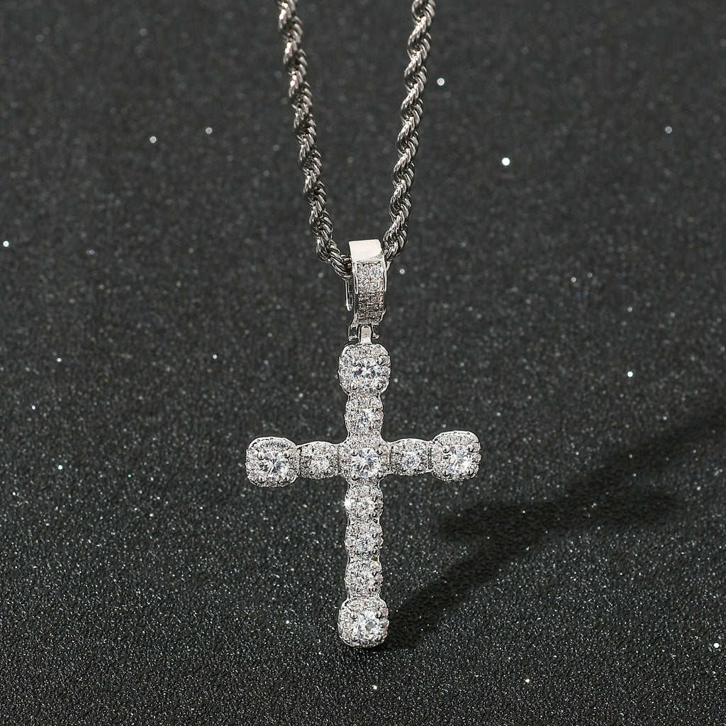 Light Luxury Cross Iced Link Cubic Zirconia Pendant Necklace for Men and Women
