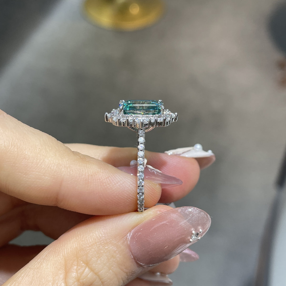 Green Moissanite Halo Ring, 8x10mm 4 Carat Emerald Cut, S925 Gold-Plated Ring for Women product image