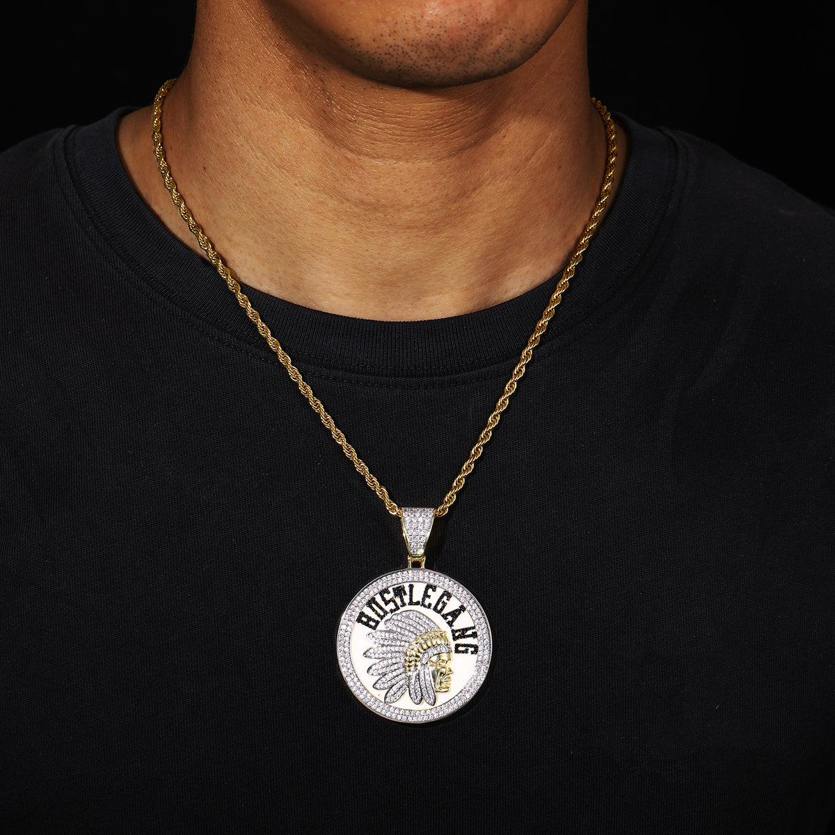 Iced Out Round Chief Pendant Necklace with Rope Chain product image