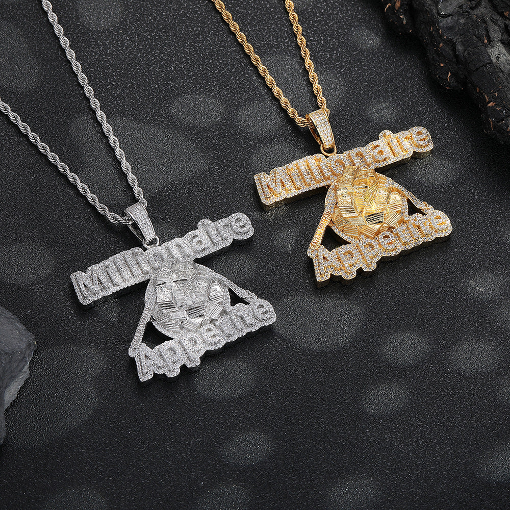 Iced Out Asymmetric Geometric Pendant Necklace, Copper Zircon Rope Chain Hip Hop Statement Jewelry