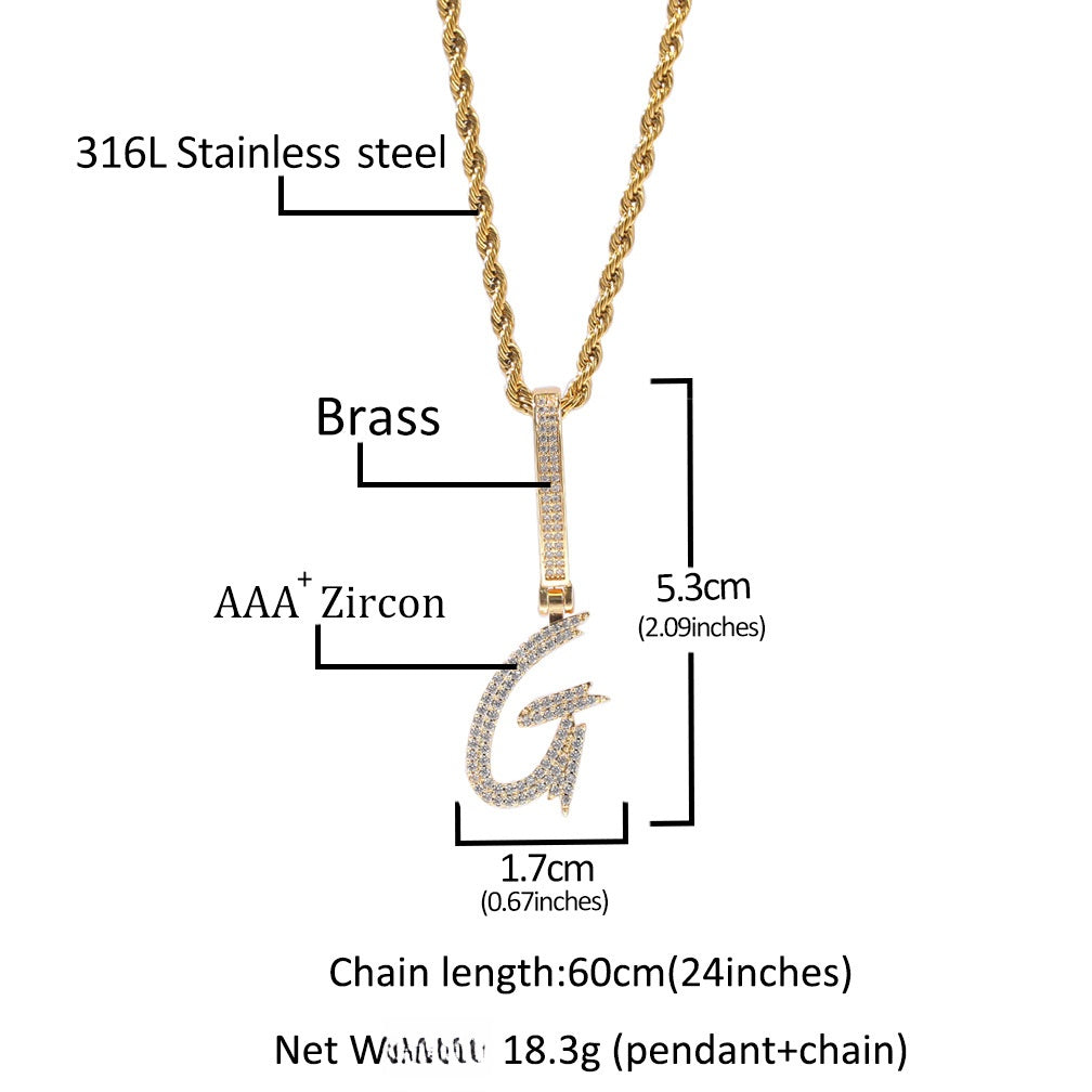 Iced Initial Letter Pendant Necklace for Women & Men - Cubic Zirconia Script Alphabet Charm on 24 Inch Twisted Chain, Gold or Silver Tone