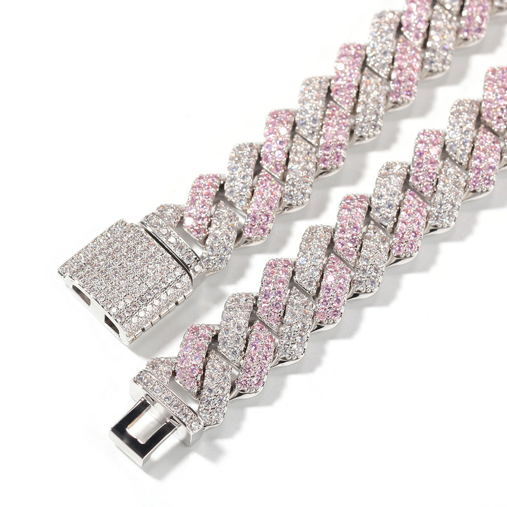 Iced Out Cuban Link Chain Necklace Bracelet with Cubic Zirconia, Unisex Statement Hip Hop Jewelry in Silver, Gold, Pink & Blue