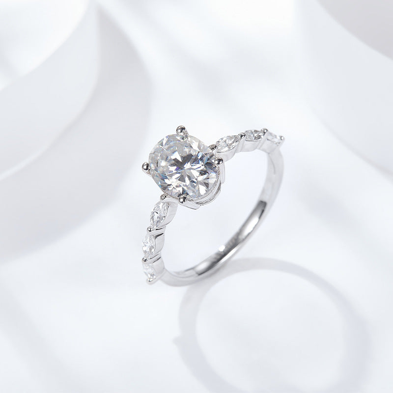 Oval Moissanite Ring for Women, Four-Prong Solitaire Ring with Marquise-Style Side Stones product image