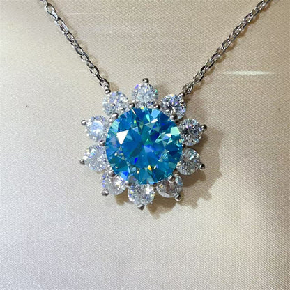 15 Carat Moissanite Flower Pendant Necklace for Women, Color Halo Statement Chain Necklace