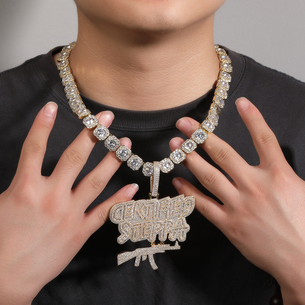 Iced Out English Letter Pendant Necklace with 24 Inch Twist Chain - Gold Plated or Silver Plated Hip Hop Statement Chain