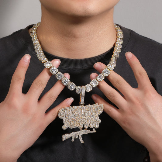 Iced Out English Letter Pendant Necklace with 24 Inch Twist Chain - Gold Plated or Silver Plated Hip Hop Statement Chain