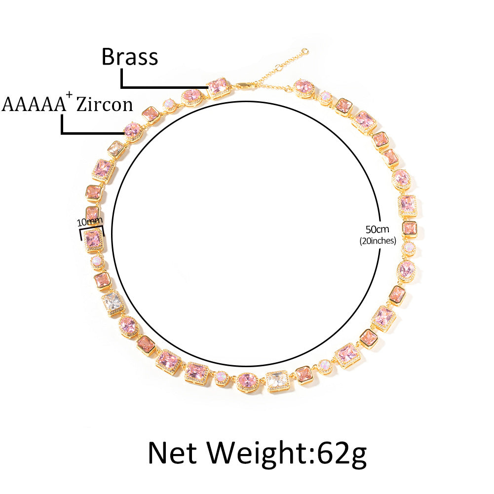 Pink Opal-Inspired Cubic Zirconia Bracelet and Necklace Set for Women & Men, Gold Tone Oval and Rectangle Statement Chain Jewelry product image