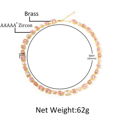 Pink Opal-Inspired Cubic Zirconia Bracelet and Necklace Set for Women & Men, Gold Tone Oval and Rectangle Statement Chain Jewelry