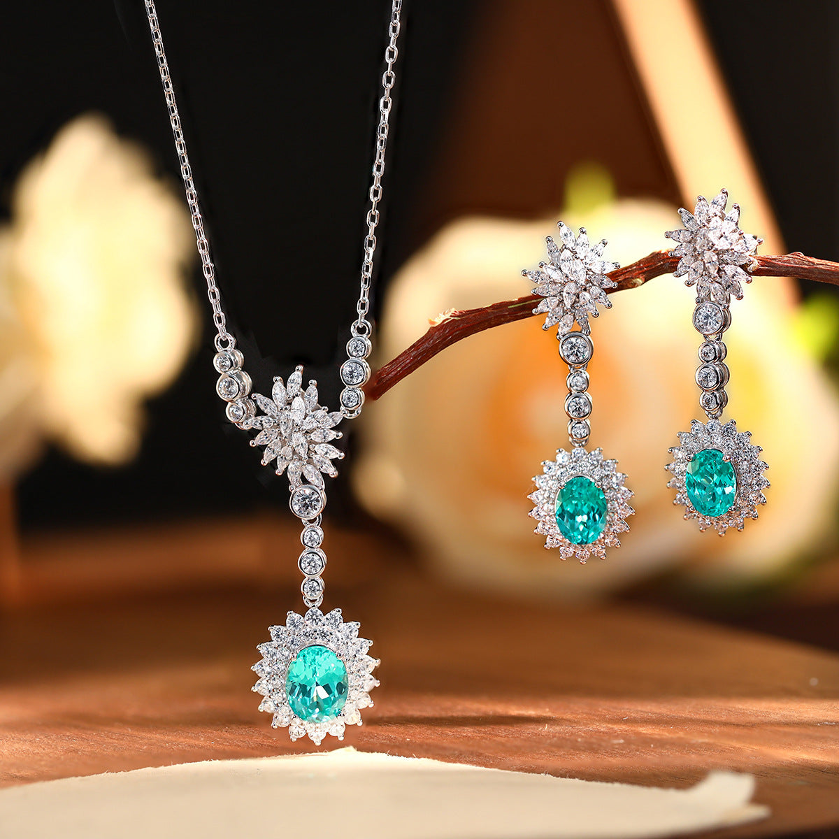 Teal Floral Drop Earrings, Marquise Crystal Halo Studs, 18K Gold Plated product image