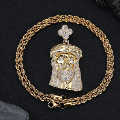 Rhinestone Face Pendant Necklace, Hip Hop Rope Chain Jewelry
