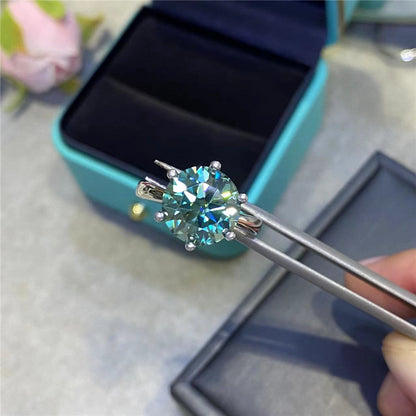 Green Moissanite Solitaire Ring, Six-Prong Round Stone, Sizes 9-19