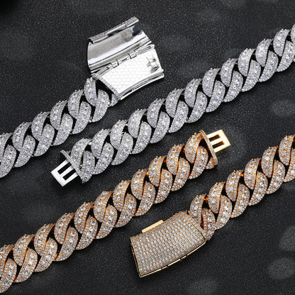 Iced Out Cuban Link Chain Necklace and Bracelet Set, Copper Zirconia Hip Hop Jewelry