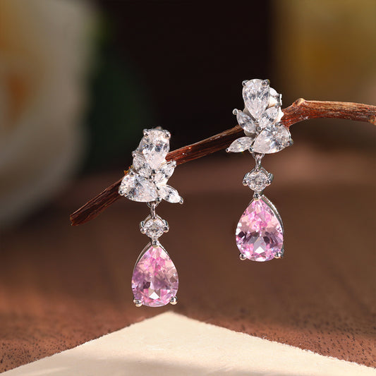 Pink Teardrop Drop Earrings for Women, Floral Crystal Stud Dangle Earrings alternate product image