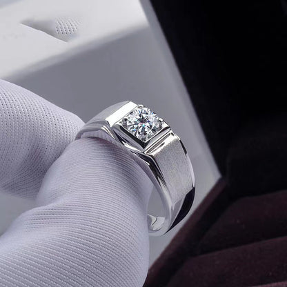 Men’s 1 Carat VVS1 Moissanite Ring in PT950 Platinum Tone, Textured Band Square Set Wedding Ring