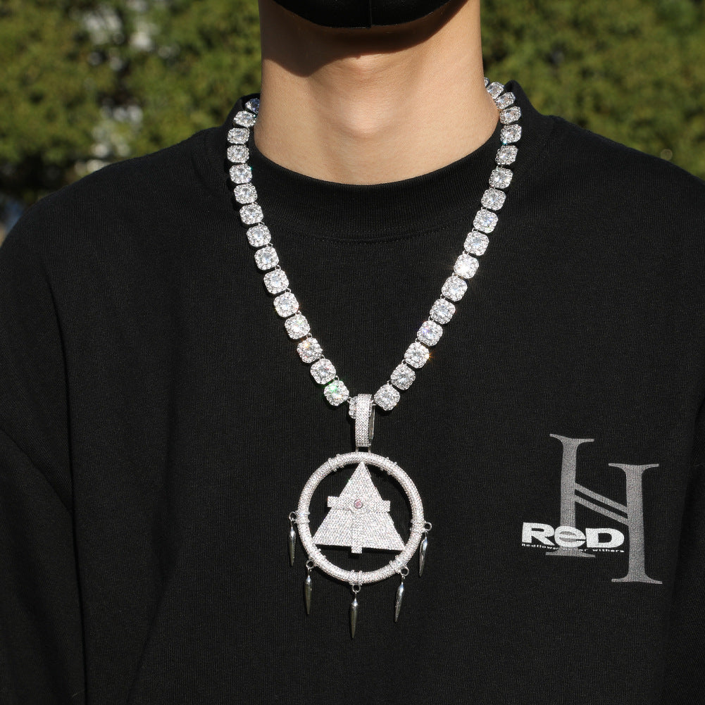 Iced Out Geometric Triangle Circle Pendant Necklace with CZ Stones, Silvery Hip Hop Twist Chain 24 Inch, Small & Large Size Options