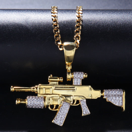 Gold Plated Hip Hop Rifle Pendant Necklace with Cubic Zirconia Iced Charm on 24 Inch Stainless Steel Twist or Cuban Chain