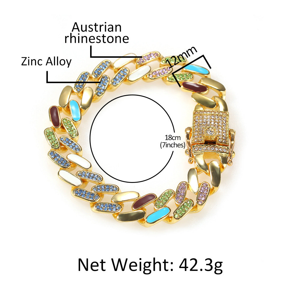 Unisex Statement Chain Bracelet with Multicolor Crystal Links - Hip Hop Style in Golden or Silvery, 7 Inch & 8 Inch product image