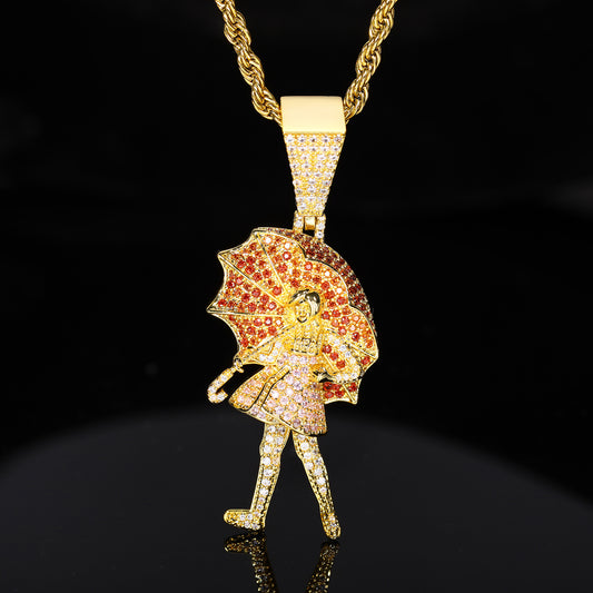 Iced Out Cartoon Girl Umbrella Pendant Necklace for Men and Women - Copper Cubic Zirconia Hip Hop Rope Chain alternate product image
