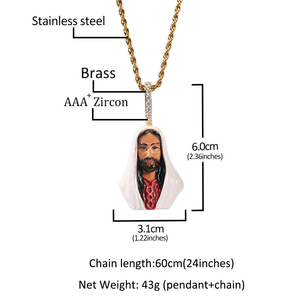 Men’s Hip Hop Enamel Jesus Pendant Necklace with Twisted Stainless Steel Chain, Gold Tone & White